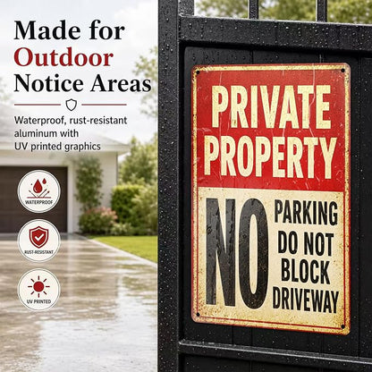 Private Property Tin Sign, 12 x 8 Inch No Parking Aluminum Metal Wall Decor, Do Not Block Driveway Notice Sign for Garage, Gate, Fence, Carport