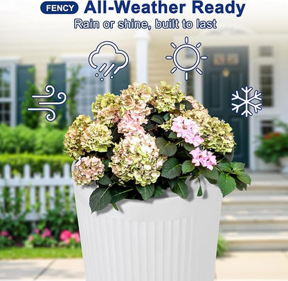 FENCY Self Watering Tall Planters Set of 2, White Round | 24 Inch, with Water Level Indicator& Spacious Reservoir, Plastic Tapered Pots, Weather-Resistant, Front Door Decor