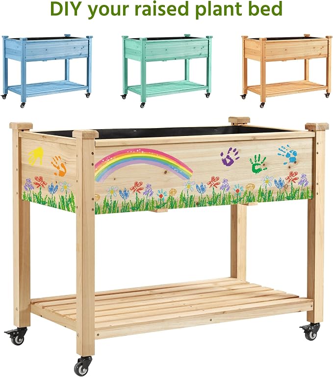 Topeakmart Solid Wooden Raised Garden Bed Vegetable Elevated Planter Kit Grow Gardening Box with Legs Storage Shelf & Wheels, 42x23x33in