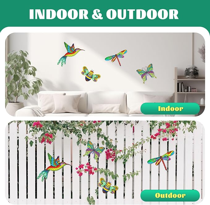 4pcs Metal Outdoor Wall Art Decor,3D Colorful Dragonfly+Hummingbird+Butterfly+Bee Hanging Decorations Ornament for Garden Fence,Patio,Yard