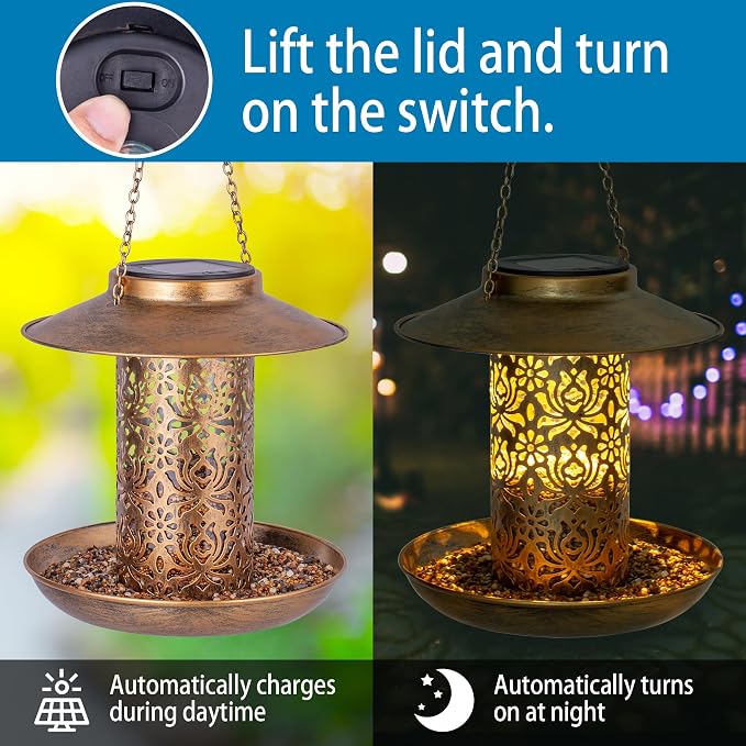 Ottsuls Solar Bird Feeder for Outdoors Hanging, Metal Wild Cardinals Garden Lantern with S Hook, Weatherproof and Water Resistant Birdfeeders as Gift Idea for Women Mom Grandma Bird Lovers (Bronze)