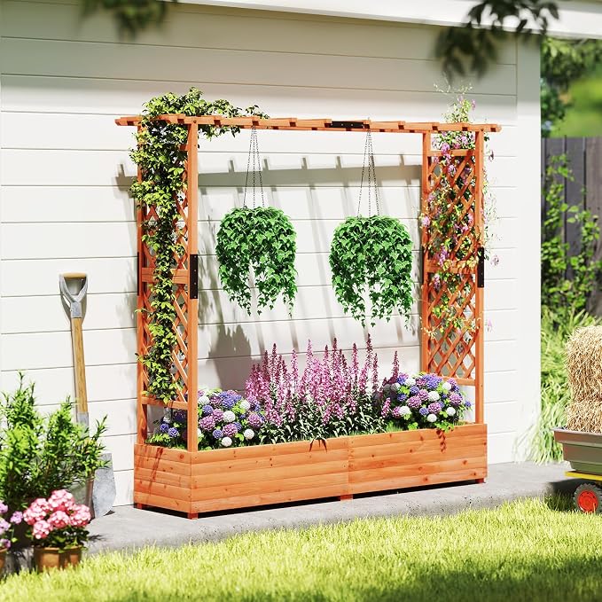 ORALNER Raised Garden Bed with Trellis, Wooden Planter Box with Climbing Frame, Outdoor Elevated Garden Box for Vegetables, Herbs, Flowers, Fruits (Extra Large)