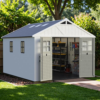 Greesum 10X12FT Plastic Outdoor Storage Shed with Floor and Lockable Door, Resin Sheds with 6-Windows and Multiple Skylights, HDPE Kick-it Shed for Garden, Patio, Backyard, Beige