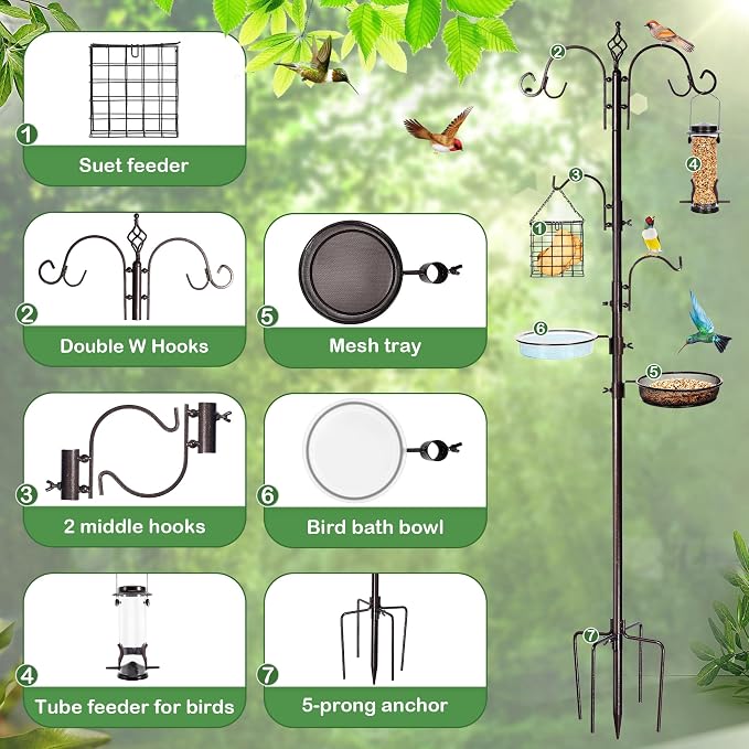 YINGYM Bird Feeding Station Kit, 87 Inches Bird Feeder Pole for Outside, Premium Feeder Stand Hanging Kit with Water Bowl, Mesh Tray and Metal Suet for Attracting Wild Birds
