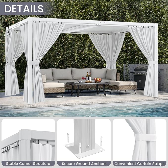 Louvered Pergola 12'x20' Outdoor Pergola with Roof, Heavy Duty Aluminum Frame & Waterproof Curtains, Hardtop Gazebo with Adjustable Louvers for Patio, Deck and Backyard, White