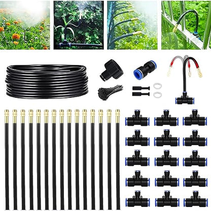 49.21FT 360° Adjustable Drip Irrigation System for Garden | 5/16'' Irrigation Tubing with 15 Nozzles, Automatic Watering Misting System, Drip Irrigation Kit for Greenhouse, Lawn, Plants