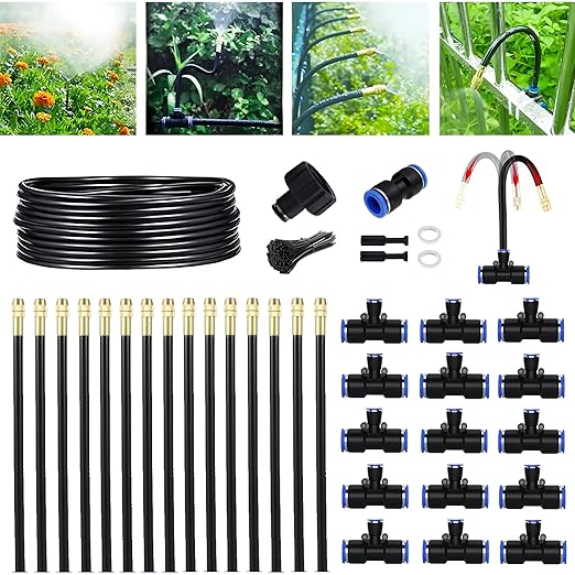 49.21FT 360° Adjustable Drip Irrigation System for Garden | 5/16'' Irrigation Tubing with 15 Nozzles, Automatic Watering Misting System, Drip Irrigation Kit for Greenhouse, Lawn, Plants