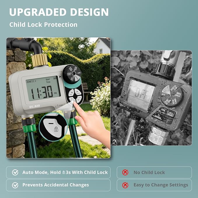 QUOBAS Zero Pressure Sprinkler Timer with Child Lock, Programmable Water Timer for Garden Hose with Brass Ports, Rain Delay/Manual/Auto Irrigation System, 2 Zone Watering for Rain Barrel, 2 Pack