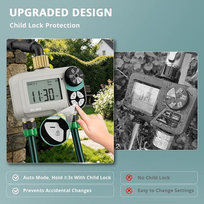 QUOBAS Zero Pressure Sprinkler Timer with Child Lock, Programmable Water Timer for Garden Hose Faucet with Brass Ports, Rain Delay/Manual/Auto Irrigation System, 2 Zone Watering for Rain Barrel