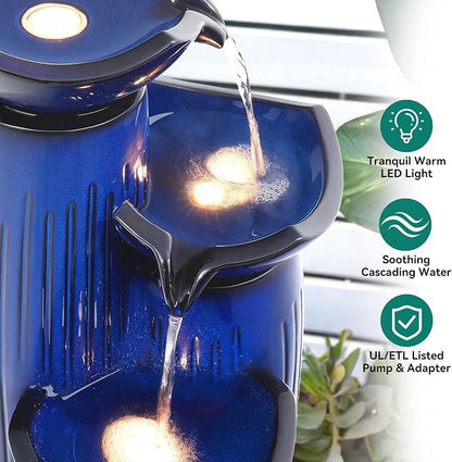 30" H Ceramic Outdoor Water Fountain with Lights, 3-Tier Lotus Bowls | Minimalist Geometirc Water Feature, Cobalt Blue Glaze, Fluted Texture, Cascading Waterfall for Relaxing Garden Patio Yard