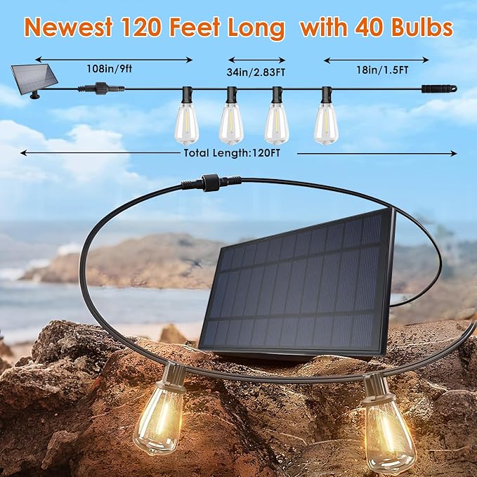 Bdrofn 120FT Solar String Lights Outdoor,Solar Patio Lights Waterproof with Remote & 40+2 Dimmable ST38 Shatterproof LED Bulbs,Commercial Grade Solar Powered String Lights for Outside