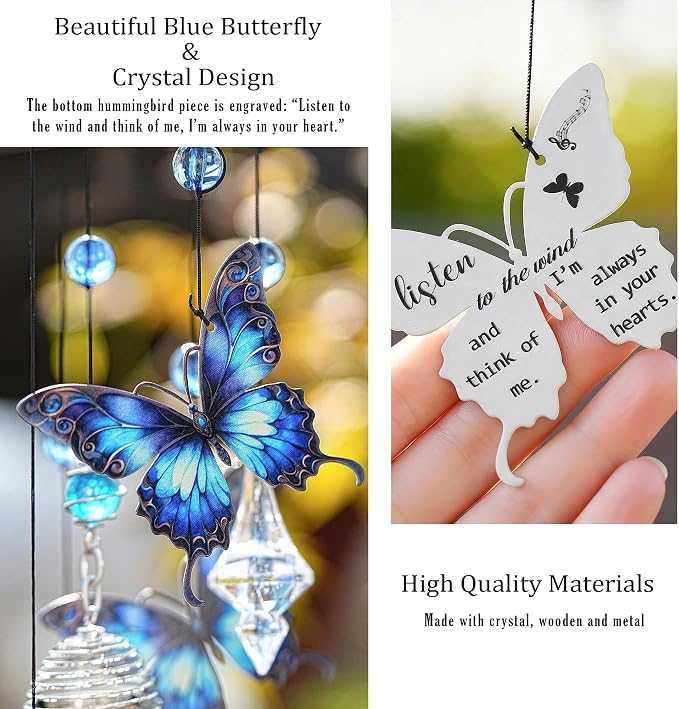 YU FENG Butterfly Memorial Wind Chime, Crystal Suncatcher Outdoor Decor | 27 Inch Metal Hanging Chime, Blue Butterfly Design, Sympathy Remembrance Gift, Garden Yard Patio Decoration