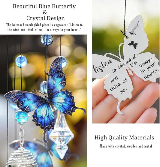 YU FENG Butterfly Memorial Wind Chime, Crystal Suncatcher Outdoor Decor | 27 Inch Metal Hanging Chime, Blue Butterfly Design, Sympathy Remembrance Gift, Garden Yard Patio Decoration