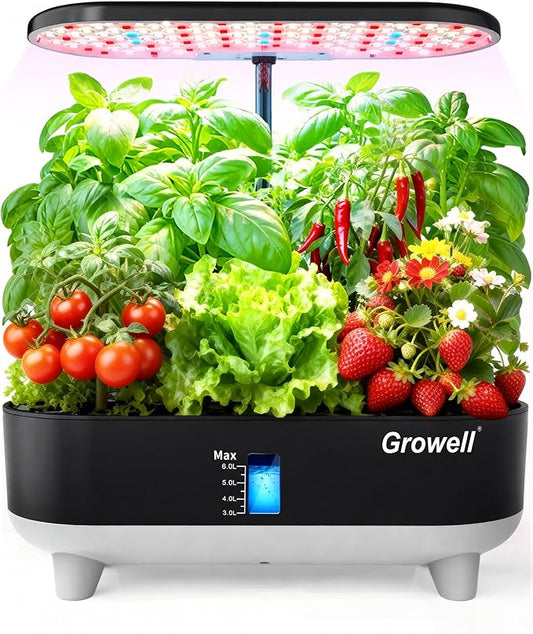 Growell Hydroponics Growing System Kit, 16 Pods, Vertical 8L Indoor Gardening System for Herb Vegetable Fruit, Hydro Garden with LED Grow Light, Smart Water Circulation, 3 Light Modes & 2 Timer, Black