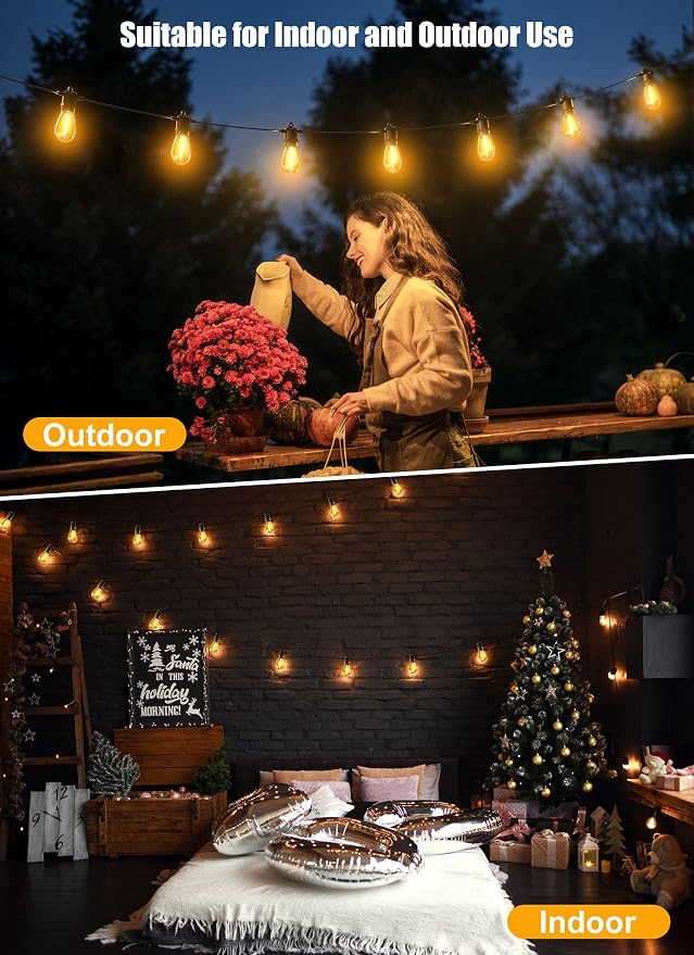 Minetom Solar Outdoor String Lights - 48Ft Patio Lights with 15+1 LED Shatterproof Bulbs, 3 Light Modes, Remote Control, Timing, Outside Weatherproof Hanging Lights for Backyard Party Decor