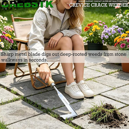 GREBSTK Crack Weeder Crevice Weeding Stainless Steel Sharp Lightweight Tool | Razor-Sharp Rust-Resistant L-Shaped Blade, Solid Beech Wood Non-Slip Handle, for Patio Cracks, Driveway Gaps, Walkway Edging