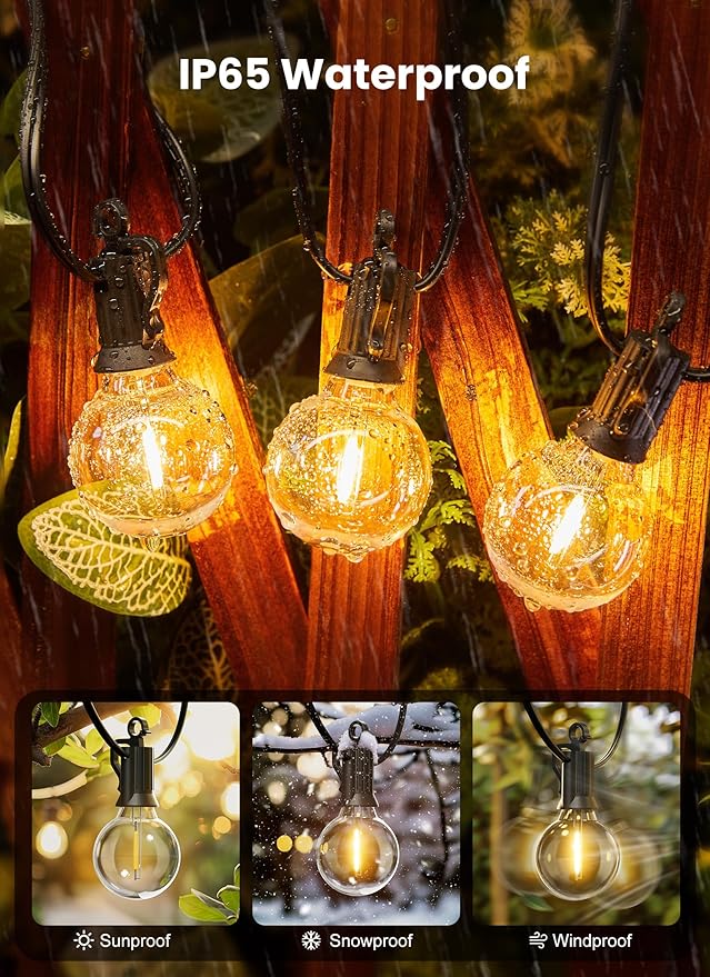 Brightown Outdoor String Lights, 100FT 50+2 G40 Bulbs Shatterproof Patio Lights, IP65 Waterproof Dimmable Hanging Connectable Globe LED Outdoor Lights for Backyard, Bistro, Porch, Deck, Balcony
