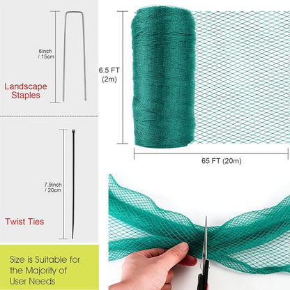 Bird Netting for Garden Protection, 7.5 x 65 FT Heavy Duty Garden Netting with Ties and Landscape Staples for Vegetable, Fruit Trees & Other Plants Against Birds Deer Squirrels and Poultry