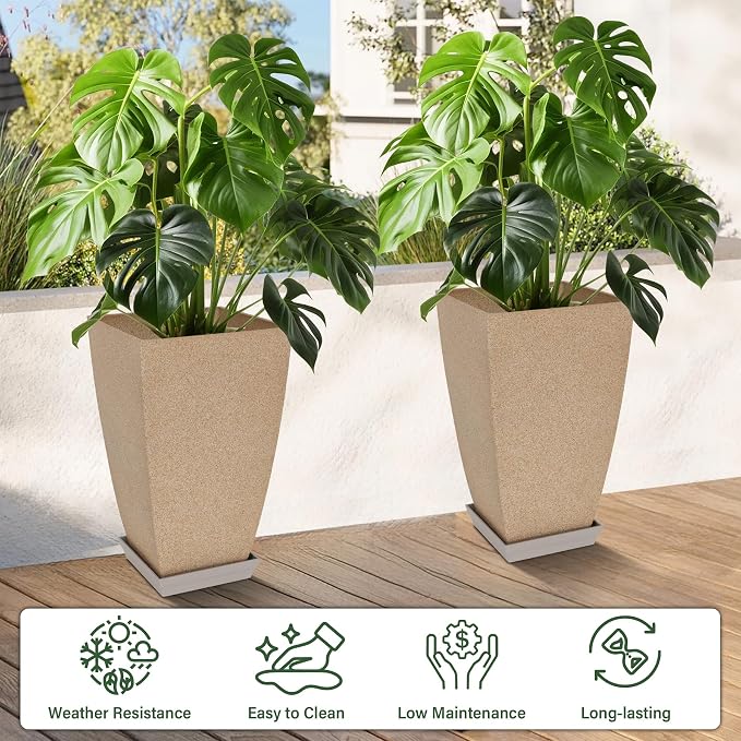 Neoaider Set of 2 Tall Planter, 21 inch Large Plastic Planter, Marble | Ceramic-Look, Lightweight, Built-in Drain Hole, Saucers, Tall Outdoor Planter for Porch, Garden, Patio, Balcony