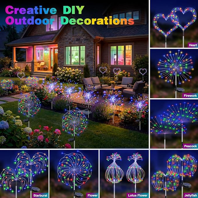 btfarm 4 Pack Solar Garden Lights Outdoor 8 Modes, 120 LED Firework Lights Solar Powered, Waterproof Twinkle Fairy Light Outside for Yard Pathway Lawn Pool Patio Christmas Decorative, Multicolor