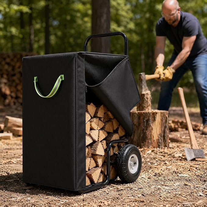 Firewood Cart Cover, 600D Oxford Waterproof Log Cart Cover Replacement with Zipper and Hook & Loop Fasteners, Weather Resistant Protector for Rolling Firewood Rack Indoor Outdoor