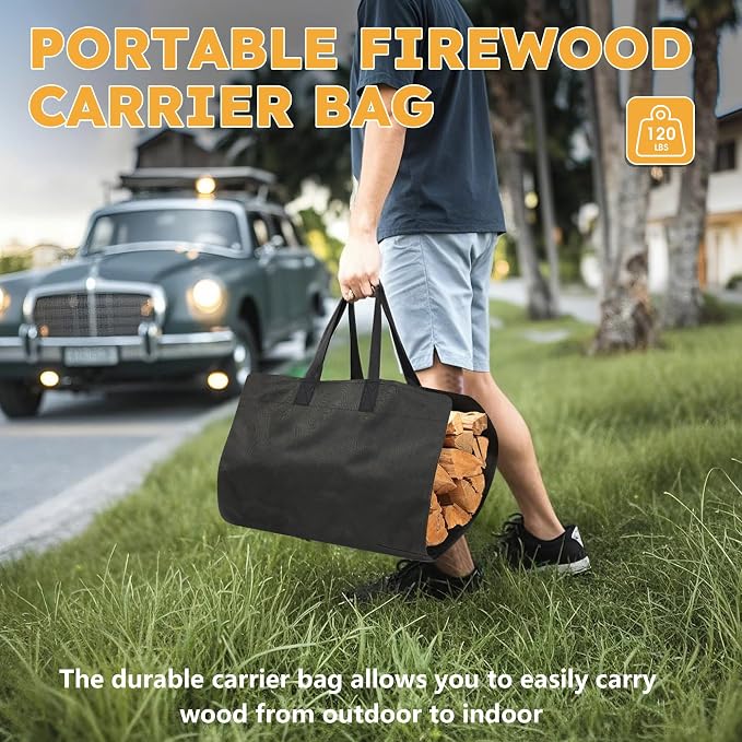 34 Inch Firewood Rack Outdoor Indoor with Handle and Log Carrier Bag, Stable Metal Wood Rack Heavy Duty Log Holder for Fireplace Patio Deck, Rustproof Firewood Storage Organizer Tool, Black