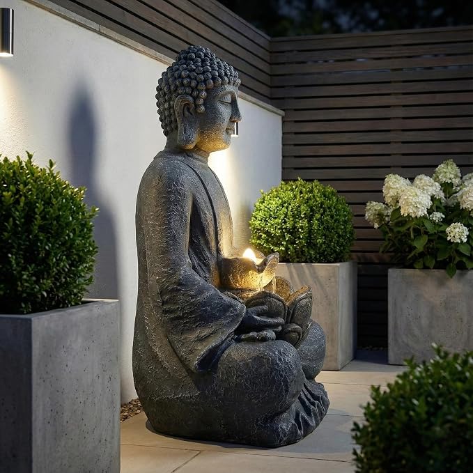 28'' Zen Buddha Water Fountain with LED Light and Pump, 2 Tier Polyresin Meditating Buddha Outdoor Fountain, Lighted Waterfall Statue for Garden Patio Backyard Indoor Decor