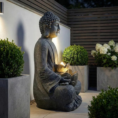28'' Zen Buddha Water Fountain with LED Light and Pump, 2 Tier Polyresin Meditating Buddha Outdoor Fountain, Lighted Waterfall Statue for Garden Patio Backyard Indoor Decor