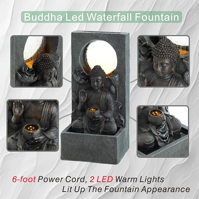 28" H Outdoor Buddha Waterfall Fountain, Freestanding Zen Style LED Water Feature with Relaxing Cascading Flow, Resin Asian Decor for Patio Garden Backyard Deck Home