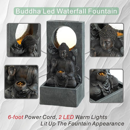 28" H Outdoor Buddha Waterfall Fountain, Freestanding Zen Style LED Water Feature with Relaxing Cascading Flow, Resin Asian Decor for Patio Garden Backyard Deck Home
