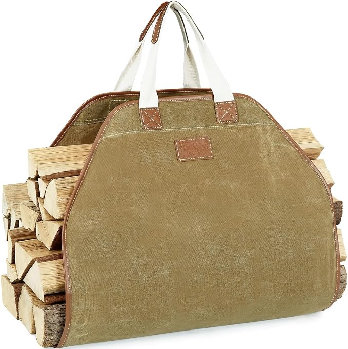INNO STAGE Canvas Log Carrier Bag,Durable Wood Tote,Fireplace Stove Accessories,Extra Large Firewood Holder with Handles for Camping (44" L x 21" W-Khaki)