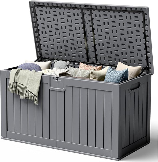 240 Gallon HDPE Deck Box Outdoor Indoor Waterproof Storage Box for Patio Furniture, Pool Accessories, Garden Tools, and Cushion Storage, Gray