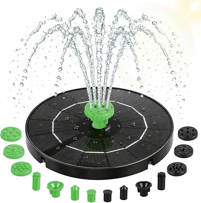3.5W Solar Fountain Pump, Solar Bird Bath Fountain with 6 Green & 6 Black Nozzles, Solar Water Pump for Outdoor Garden Patio Small Pond Fish Tank Landscape Decoration