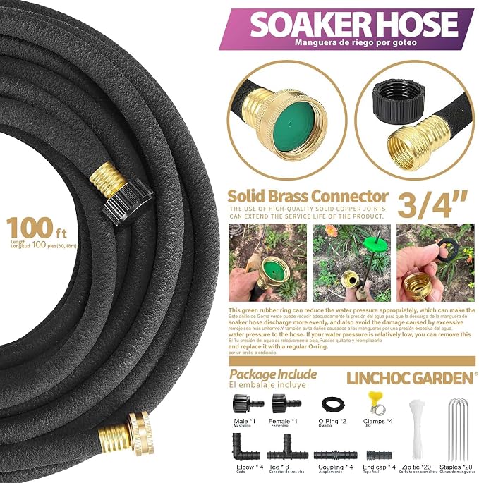 LICNCHOC GARDEN Soaker Hose 100ft,1/2 INCH Flexible Durable Garden Hose for Efficient Watering, Leak-Proof Design 100% Recycled Rubber,Ideal for Lawns,Gardens & Flower Beds