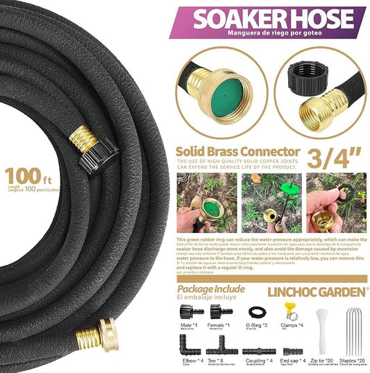 LICNCHOC GARDEN Soaker Hose 100ft,1/2 INCH Flexible Durable Garden Hose for Efficient Watering, Leak-Proof Design 100% Recycled Rubber,Ideal for Lawns,Gardens & Flower Beds