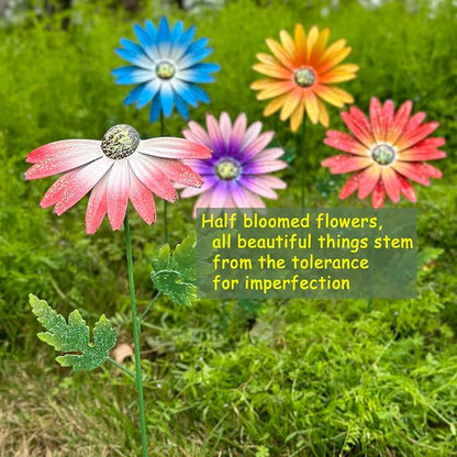 Metal Flowers for Outside, 4 Pack Decorative Garden Stakes with Spring Design, 16.5 Inch Handmade Iron Outdoor Metal Garden Decor, Flickering Daisy Yard Art for Patio Lawn