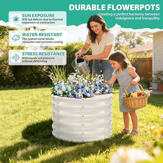 YSEJOMP 17" Tall 24" Diameter Round Raised Garden Bed Kits Outdoor White | 1.5 FT Tall,2FT Planter Bed for Flowers,Herbs,Vegetables,Trees,0.8MM Thick Galvanized Metal Painted,with Gloves,Tool free