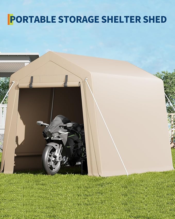 7 x 10 Ft Bike Shed ATV Storage Tent Portable Storage Shed Outdoor Carport Tarp Sheds with Roll-Up Door for Motorcycle, Car, Garden Tools Khaki