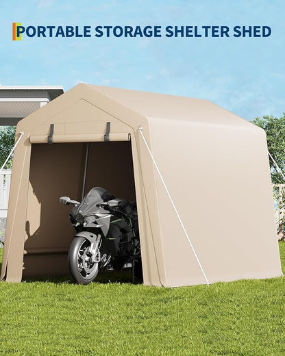 7 x 10 Ft Bike Shed ATV Storage Tent Portable Storage Shed Outdoor Carport Tarp Sheds with Roll-Up Door for Motorcycle, Car, Garden Tools Khaki