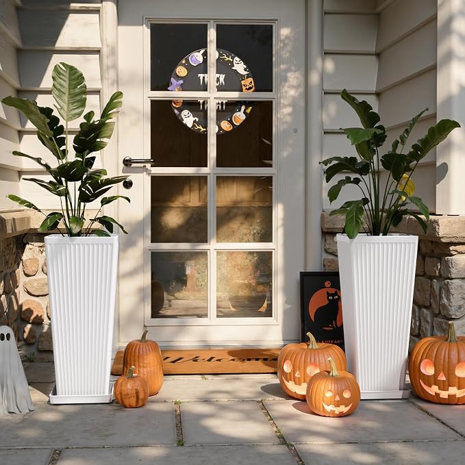 White Square Tall Planters for Outdoor Plants Set of 2-24" Modern Tapered Indoor Flower Pots with Drainage Holes/Partition/Tray, Large Outdoor Planters for Porch Patio Garden Front Porch
