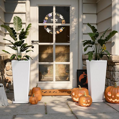 White Square Tall Planters for Outdoor Plants Set of 2-24" Modern Tapered Indoor Flower Pots with Drainage Holes/Partition/Tray, Large Outdoor Planters for Porch Patio Garden Front Porch