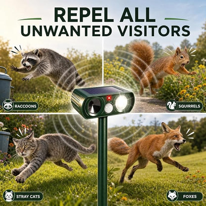 4 Pack New Solar Animal Repellent Ultrasonic Outdoor for Cats Squirrels Racoons Rabbits Foxs Dogs Deer Repellent Devices with Motion Sensor & Flash Light,IP65 Waterproof Animal Deterrent for Garden