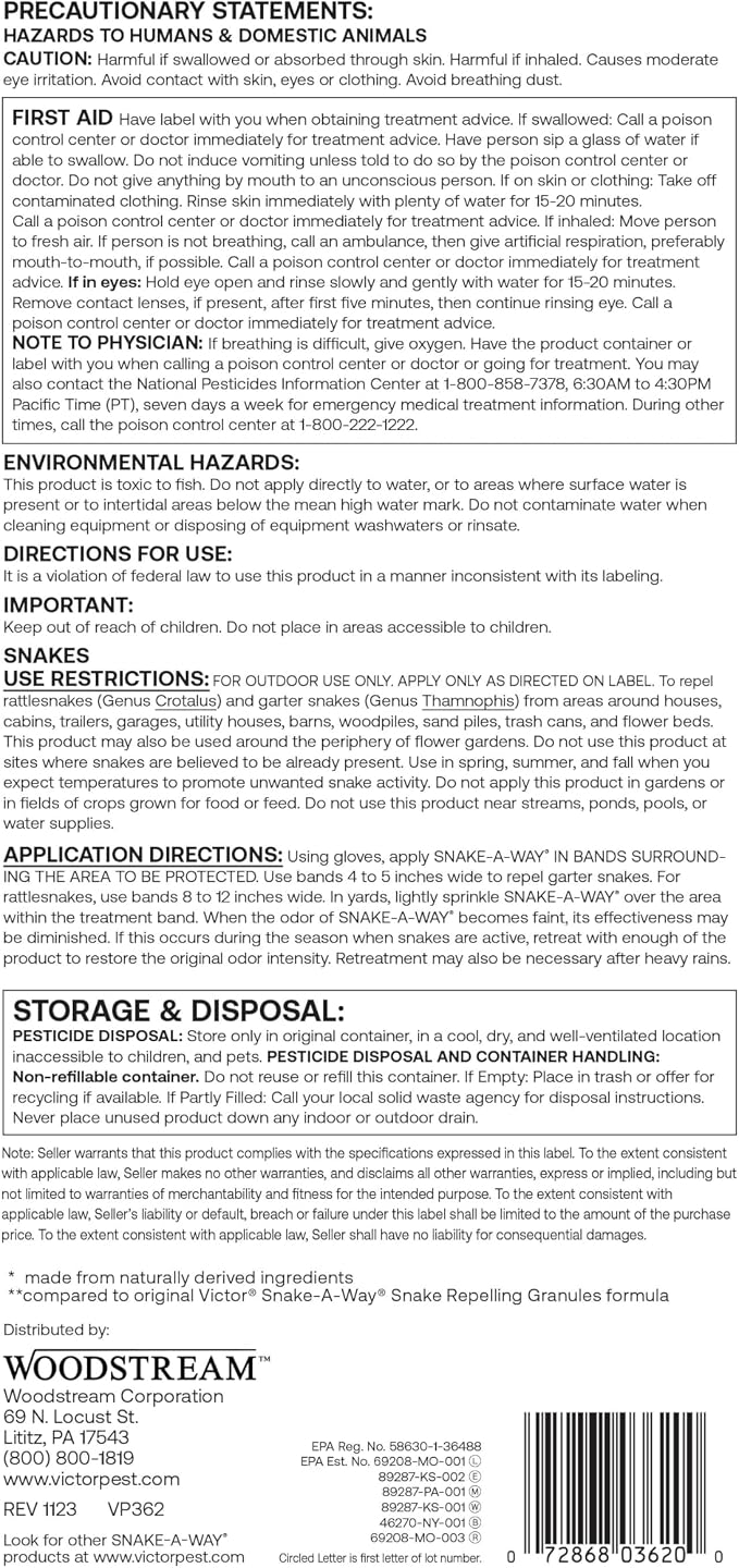 Victor Snake-A-Way Outdoor Snake Repelling Granules for Yard, 28 lb Bucket | Covers up to 3.5 Acres, Poisonous & Non-Poisonous Snake Repellent for Yard, Snake Deterrent for Lawn, Garden, EPA-Registered