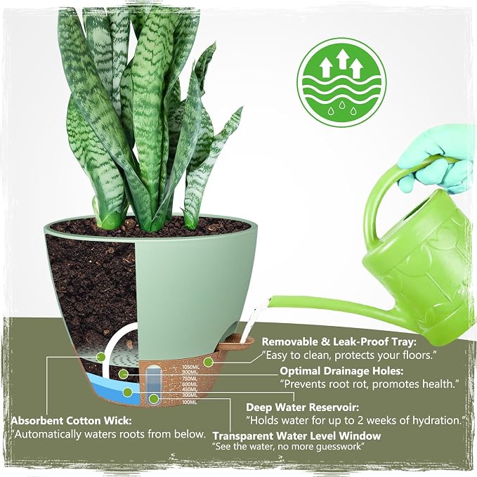 Self-Watering Pots for Indoor Plants 4 Pack, 6/8/10/12 Inch Outdoor Planters with Water Level Indicator & Deep Reservoir, Decorative Flower Pots for Home Decor (Green, 12+10+8+6 Inch)