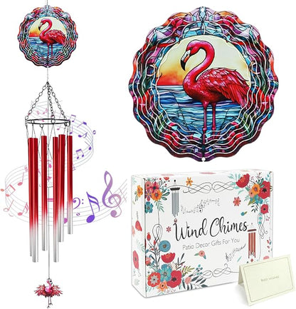 Flamingo Wind Spinner Chimes Outdoor - Hanging Garden Decor with Spinning Flamingo, Metal Wind Chimes for Patio, Yard, Backyard - Birthday Housewarming Gifts for Women/Mom/Grandma