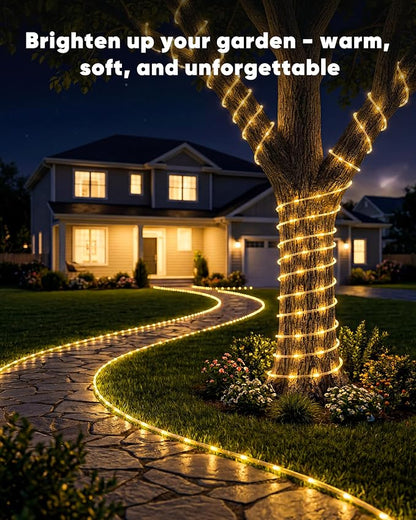 Brightown 39FT 100LED Solar Rope Lights Outdoor Waterproof, Warm White | IP65 Solar Powered Fairy Lights with 8 Lighting Modes, Outdoor String Lights for Party Garden Yard Holiday Tree Decoration