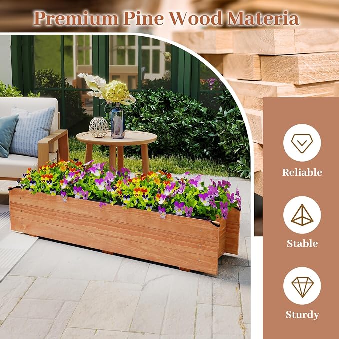 HAPPYGRILL Raised Garden Bed, 44" x 11" x 10" Wood Flower Planter Box w/4 Drainage Holes, Black Liner for Containing Soil, Indoor Outdoor Wooden Elevated Garden Bed for Vegetable Flower Herb, Orange