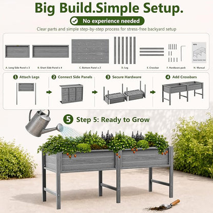 YEFU 72" Large Raised Garden Bed, Wood-Look HIPS 6ft Extra Large Bed, Grey | Extra Large Garden Bed for Backyard Growing, 6ft Design, Wood-Look HIPS, Drainage, 770 lbs High Capacity Support