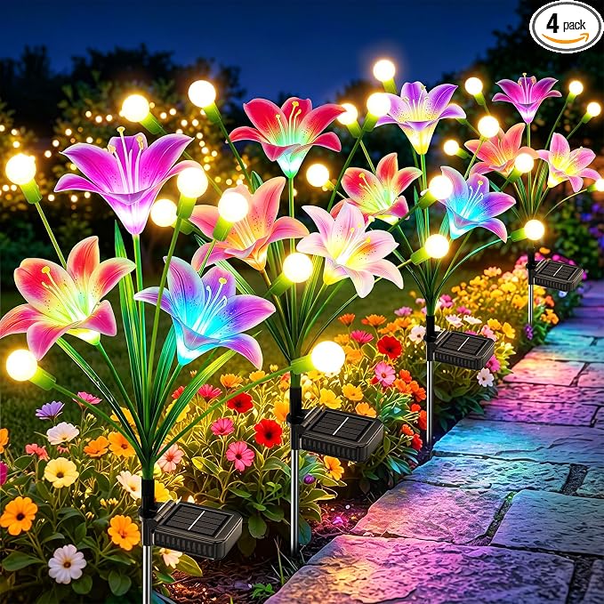 WdtPro Upgraded Solar Garden Lights Outdoor: 4 Pack Solar Firefly Swaying Light with Colorful LED Lily Flower, Waterproof Garden Decor for Yard Patio Pathway Lawn, Gifts for Women (2 Rosy+2 Pink)