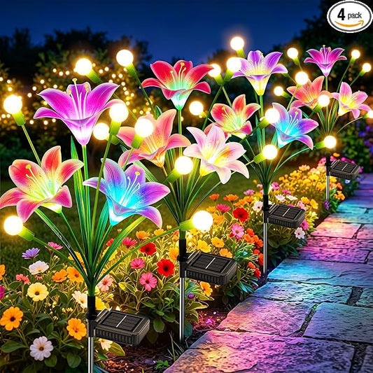 WdtPro Upgraded Solar Garden Lights Outdoor: 4 Pack Solar Firefly Swaying Light with Colorful LED Lily Flower, Waterproof Garden Decor for Yard Patio Pathway Lawn, Gifts for Women (2 Rosy+2 Pink)